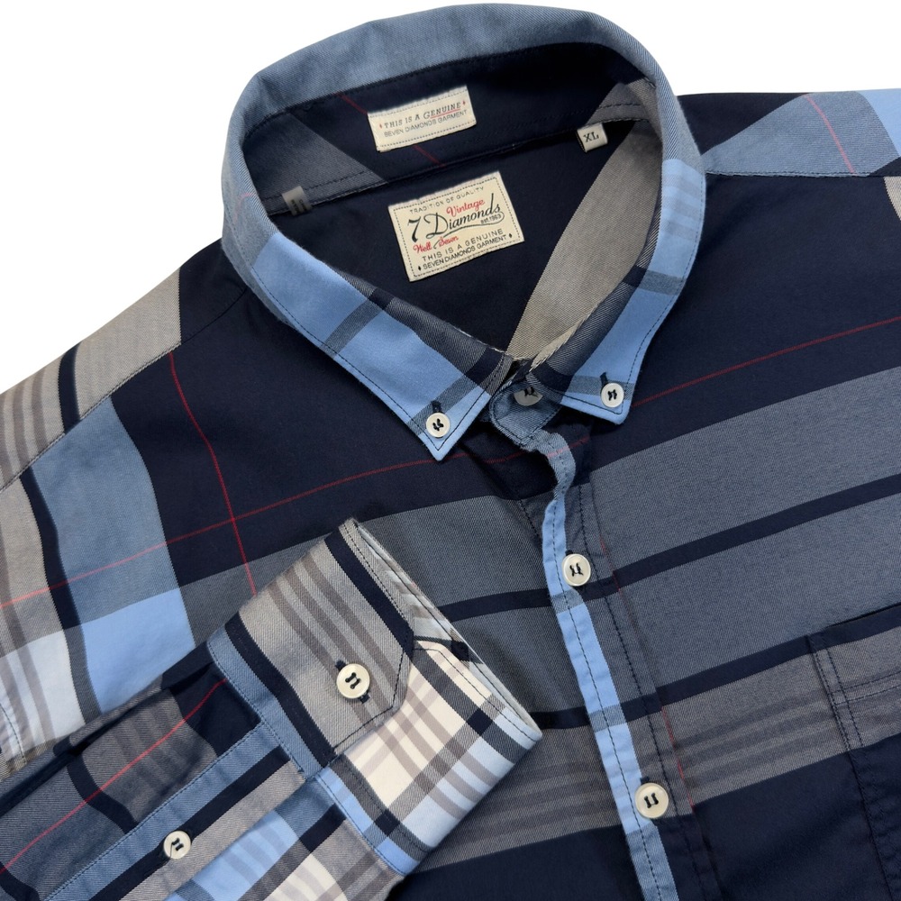 7 Diamonds Vintage Mens XL Blue Gray Plaid Long Sleeve Button-Down Shirt